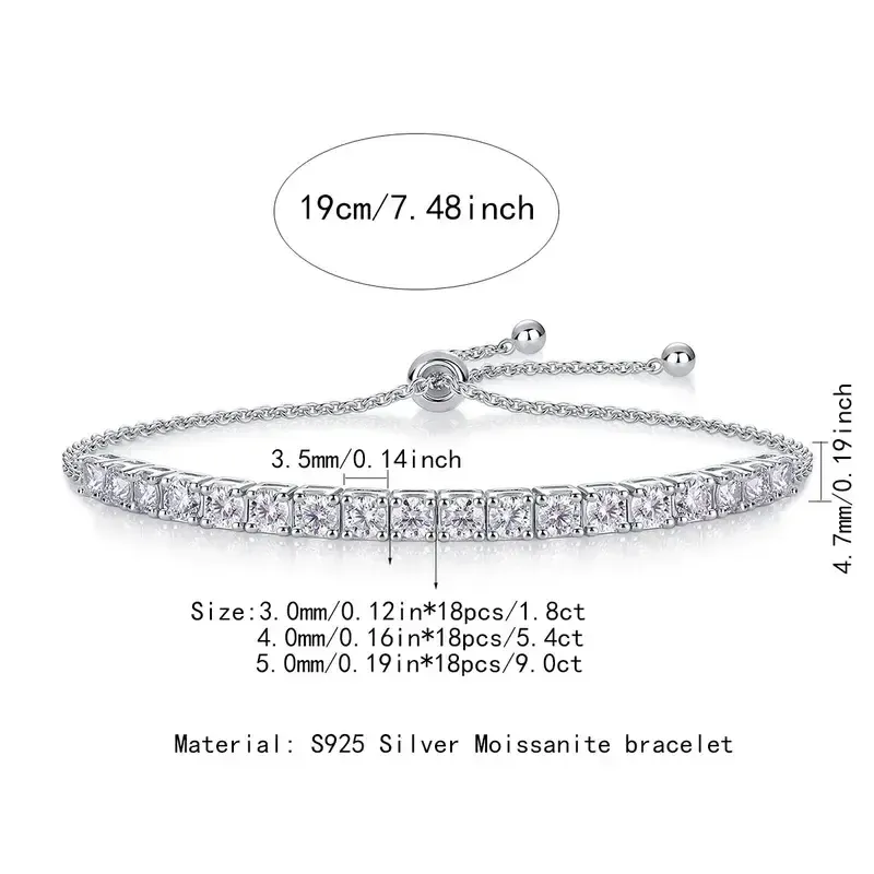 Size chart for Sterling Silver Tennis  Bracelet:
19cm
Stone size 3.5mm
Material S925 Silver Moissanite Bracelet