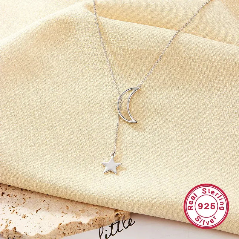 Lumi Elegant Star & Moon Sterling Silver Pendant Necklace with White Gold Plating