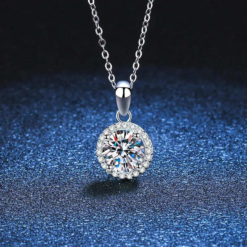 Sterling Silver Necklace Moissanite Round Pendant