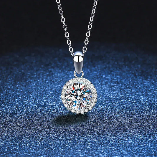 Sterling Silver Necklace Moissanite Round Pendant