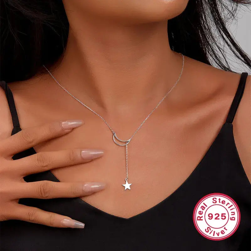 Lumi Elegant Star & Moon Sterling Silver Pendant Necklace with White Gold Plating