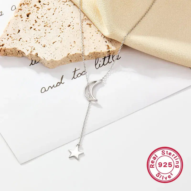 Lumi Elegant Star & Moon Sterling Silver Pendant Necklace with White Gold Plating