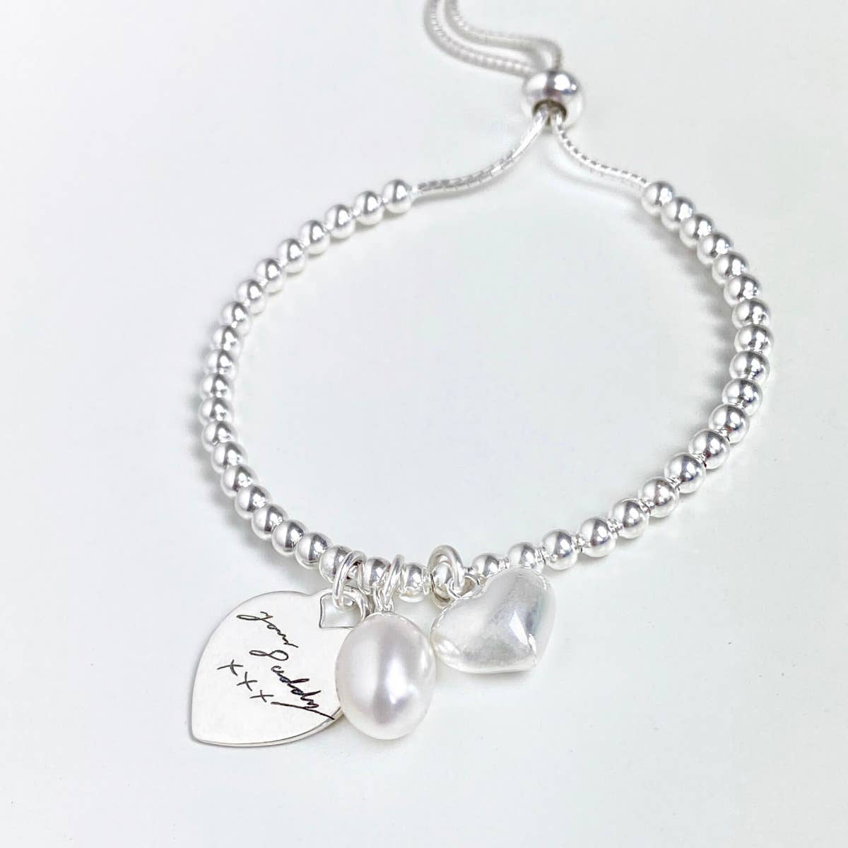 Beginnings Gecko Heart and Pearl Charm Ball Slider Sterling Silver Bracelet