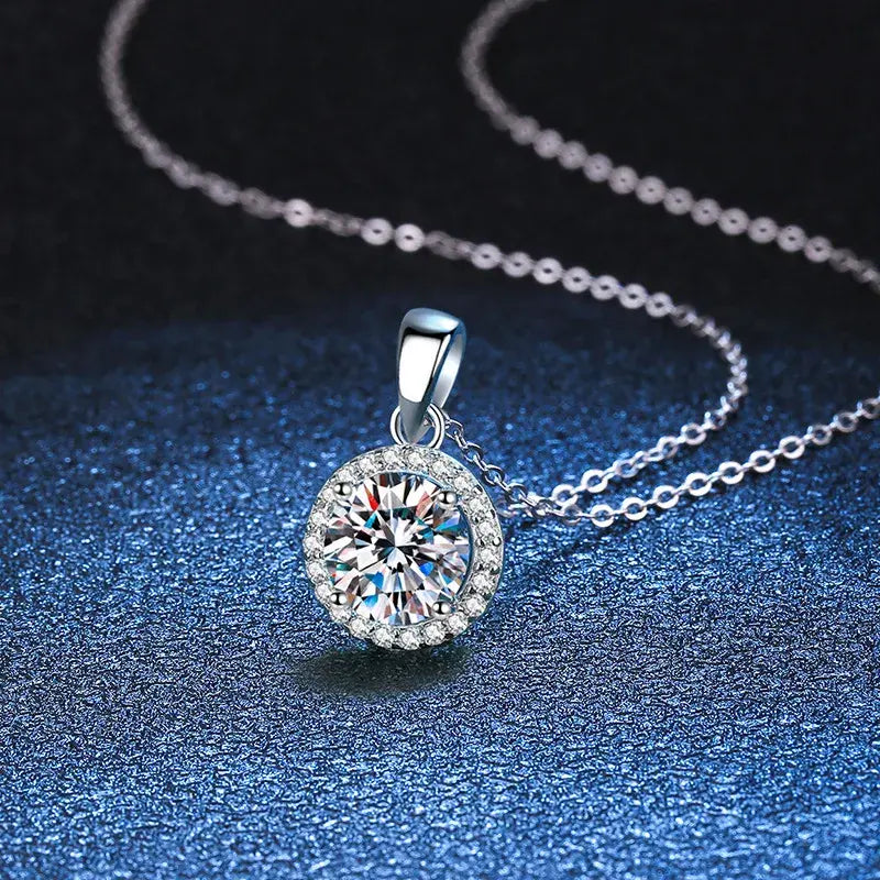 Sterling Silver Necklace Moissanite Round Pendant