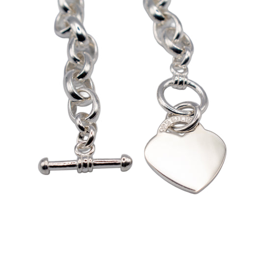 8.8mm Oval Link Silver Belcher Bracelet T-Bar Heart 19cm Heavy Bracelet Handmade
