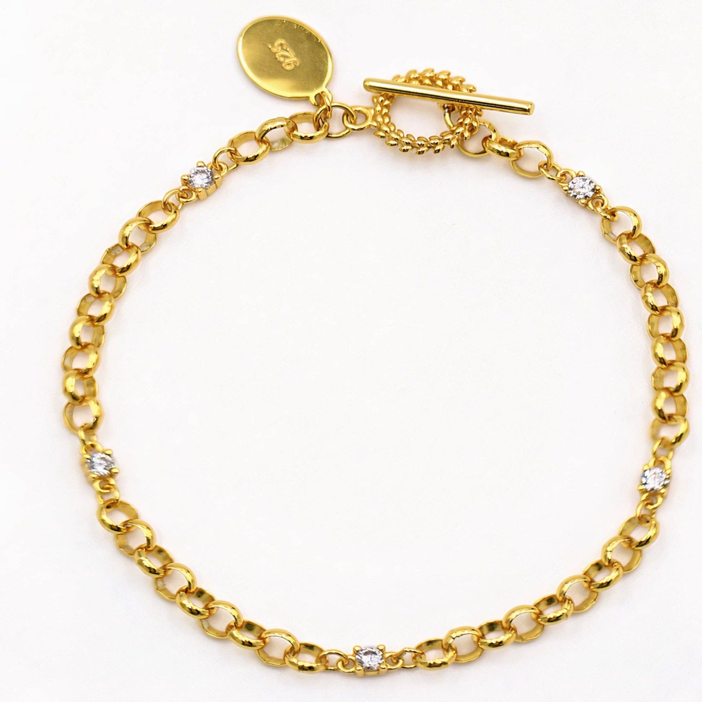 Chicago T-BAR Belcher Rolo Chain 18ct Gold Vermeil Bracelet with Zirconia
