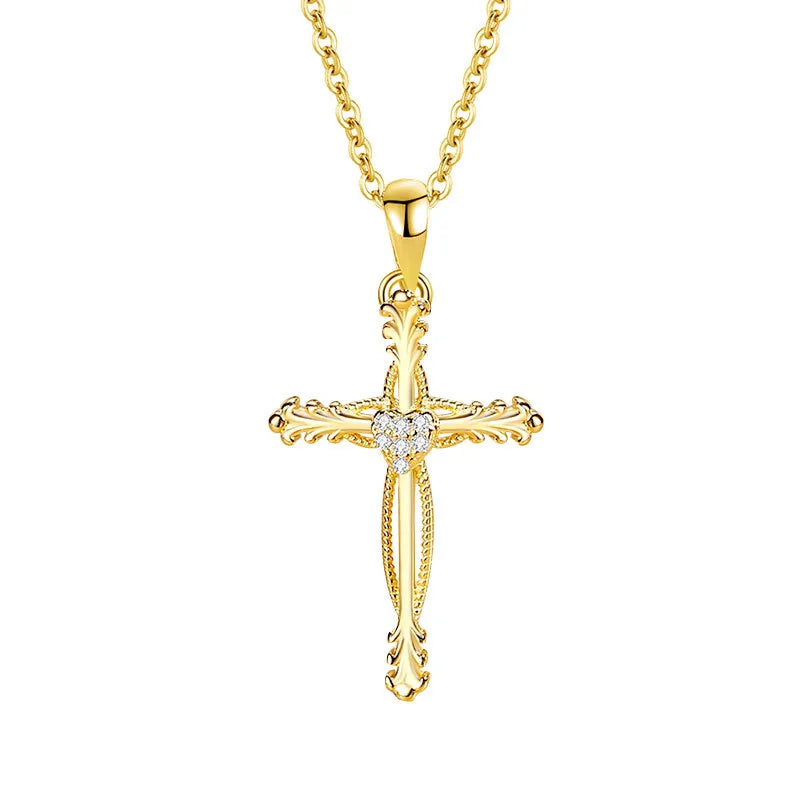Sterling Silver Cross Pendant Necklace with Zircon Inlay - LumiUK