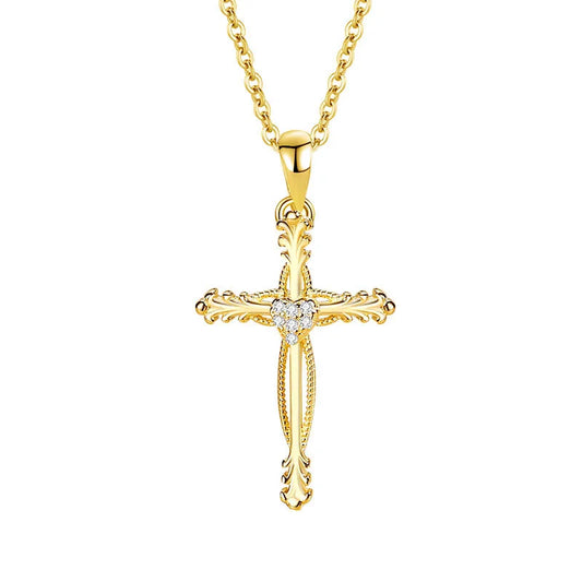 Sterling Silver Cross Pendant Necklace with Zircon Inlay - LumiUK