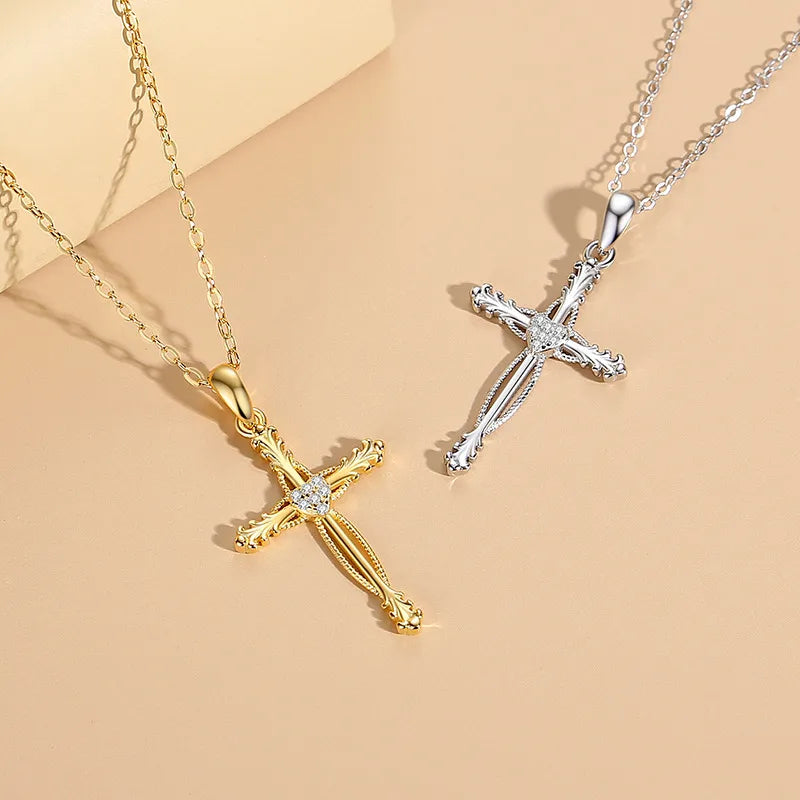Sterling Silver Cross Pendant Necklace with Zircon Inlay - LumiUK