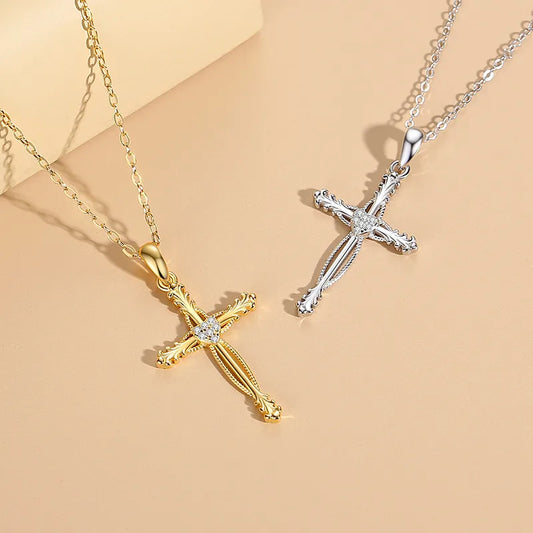 Sterling Silver Cross Pendant Necklace with Zircon Inlay - LumiUK