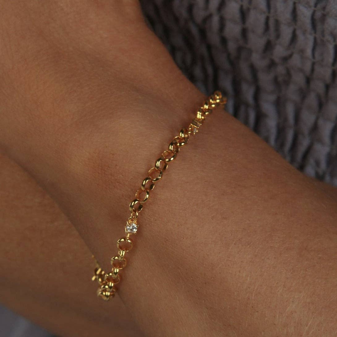 Chicago T-BAR Belcher Rolo Chain 18ct Gold Vermeil Bracelet with Zirconia