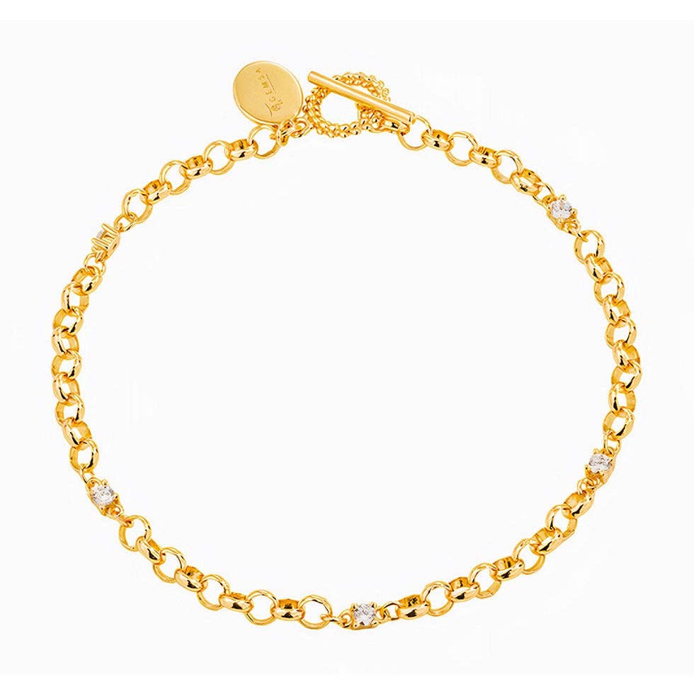 Chicago T-BAR Belcher Rolo Chain 18ct Gold Vermeil Bracelet with Zirconia