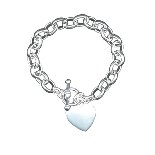 Silver 8.8mm Oval Link Belcher Bracelet T-Bar Heart 19cm Heavy Bracelet Handmade - LumiUK