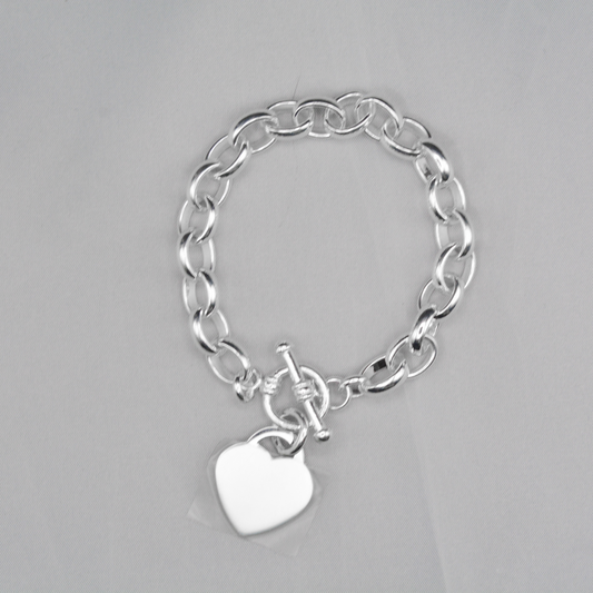 Silver 8.8mm Oval Link Belcher Bracelet T-Bar Heart 19cm Heavy Bracelet Handmade - LumiUK