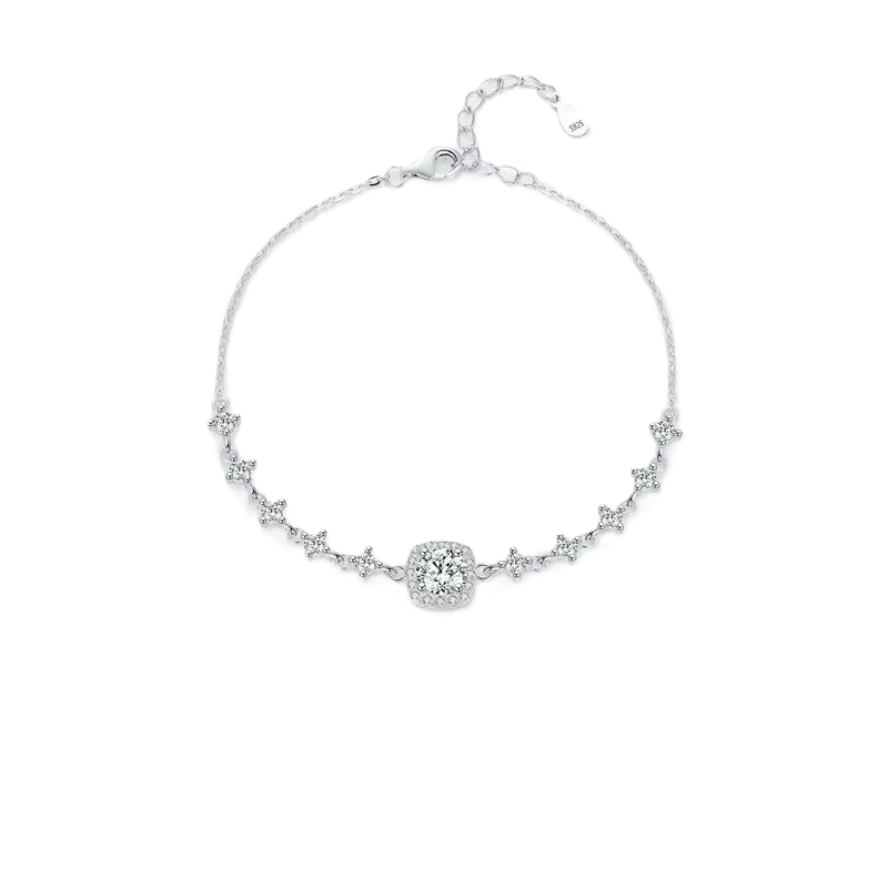 Sterling Silver Chain Bracelet with Moissanite Main Stone and 5 Zircon stones on each side of the main stones