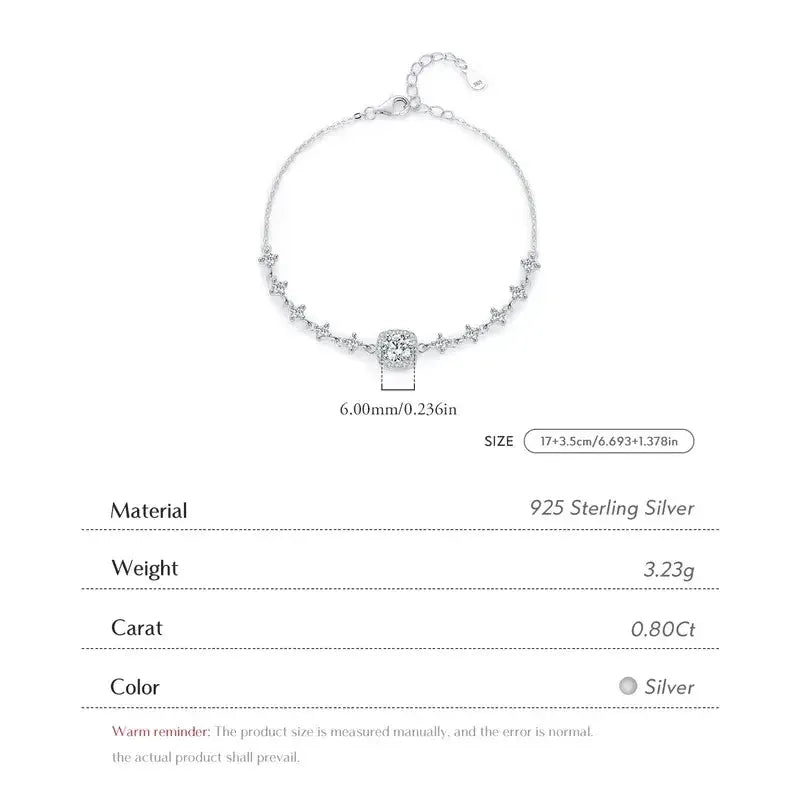 Sterling Silver Chain Bracelet with Moissanite -
Size Chart :
Material - 925 Sterling Silver
Weight - 3.25g
Carat 0.8
Color - Silver
Size -17+3.5cm
Main stone size - 6mm