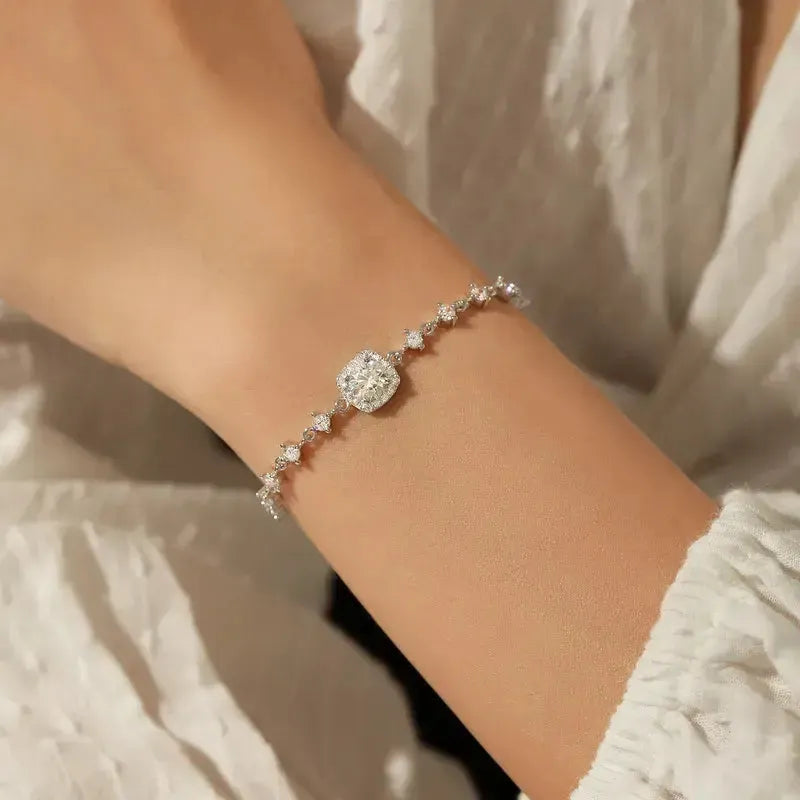 Sterling Silver Chain Bracelet with Moissanite worn on wrist