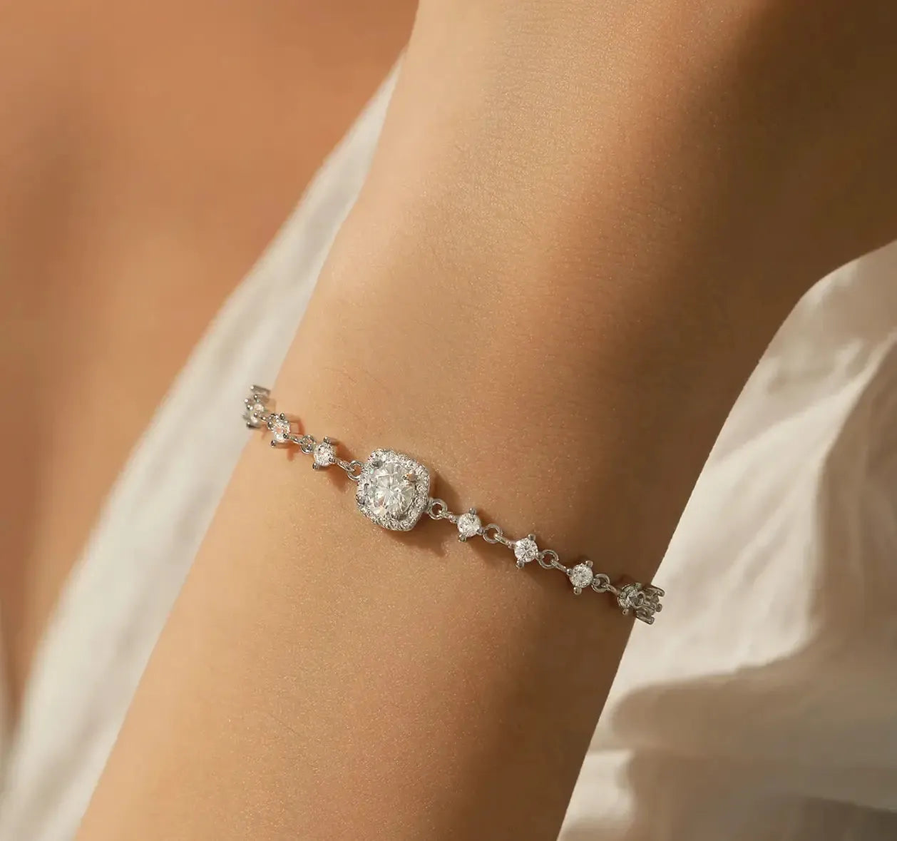 Sterling Silver Chain Bracelet with Moissanite worn on wrist/2