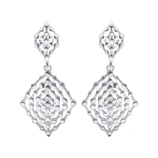 Geometrical Lace Textured Drop Earrings-E6414 - sterling silver- on a white background
