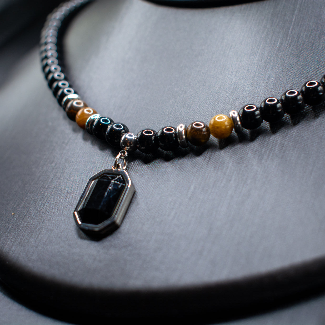 Natural Stone Beaded Necklace & Bracelet Set – Obsidian & Tiger Eye
