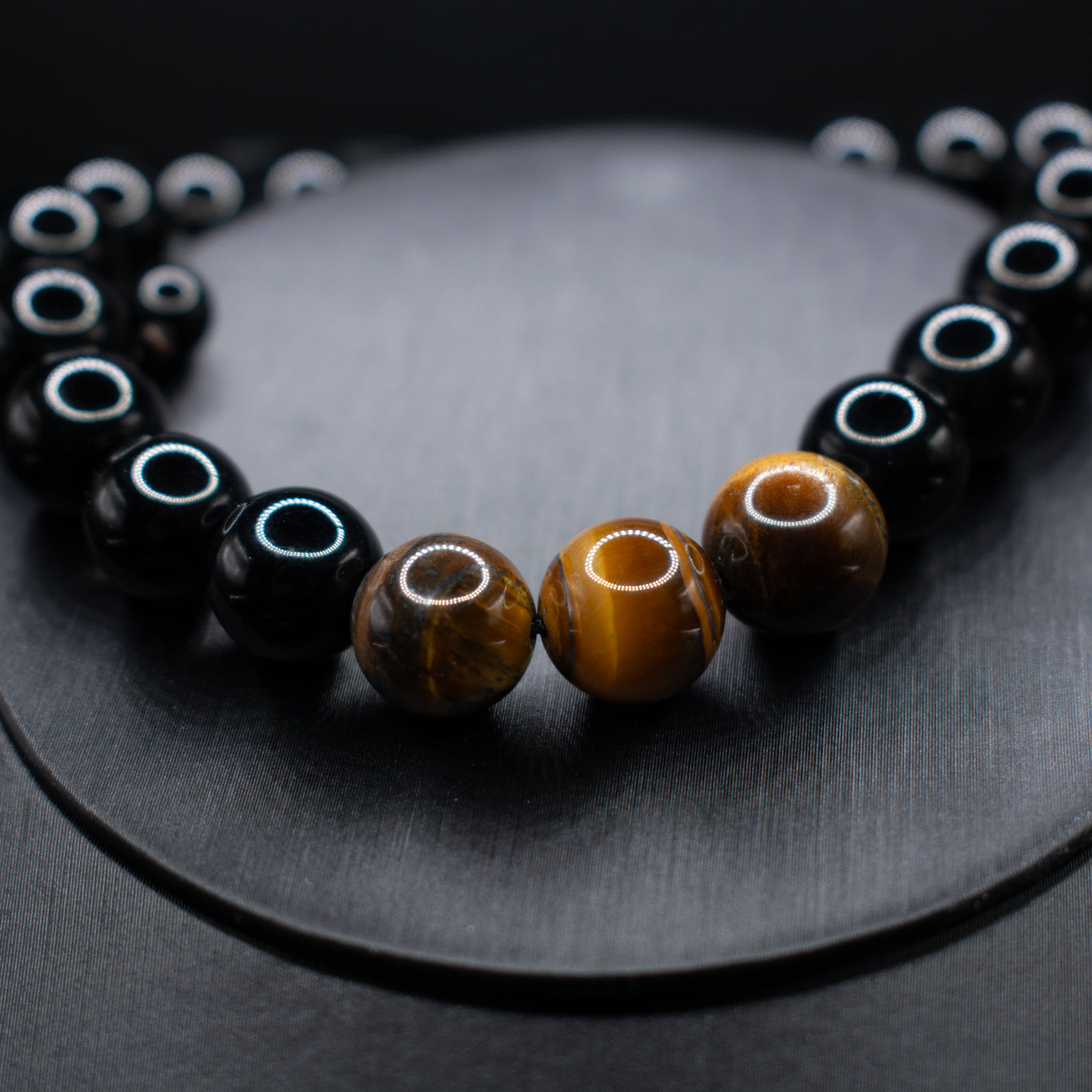 Natural Stone Beaded Necklace & Bracelet Set – Obsidian & Tiger Eye