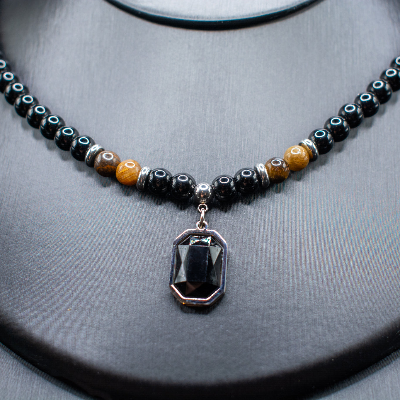 Natural Stone Beaded Necklace & Bracelet Set – Obsidian & Tiger Eye