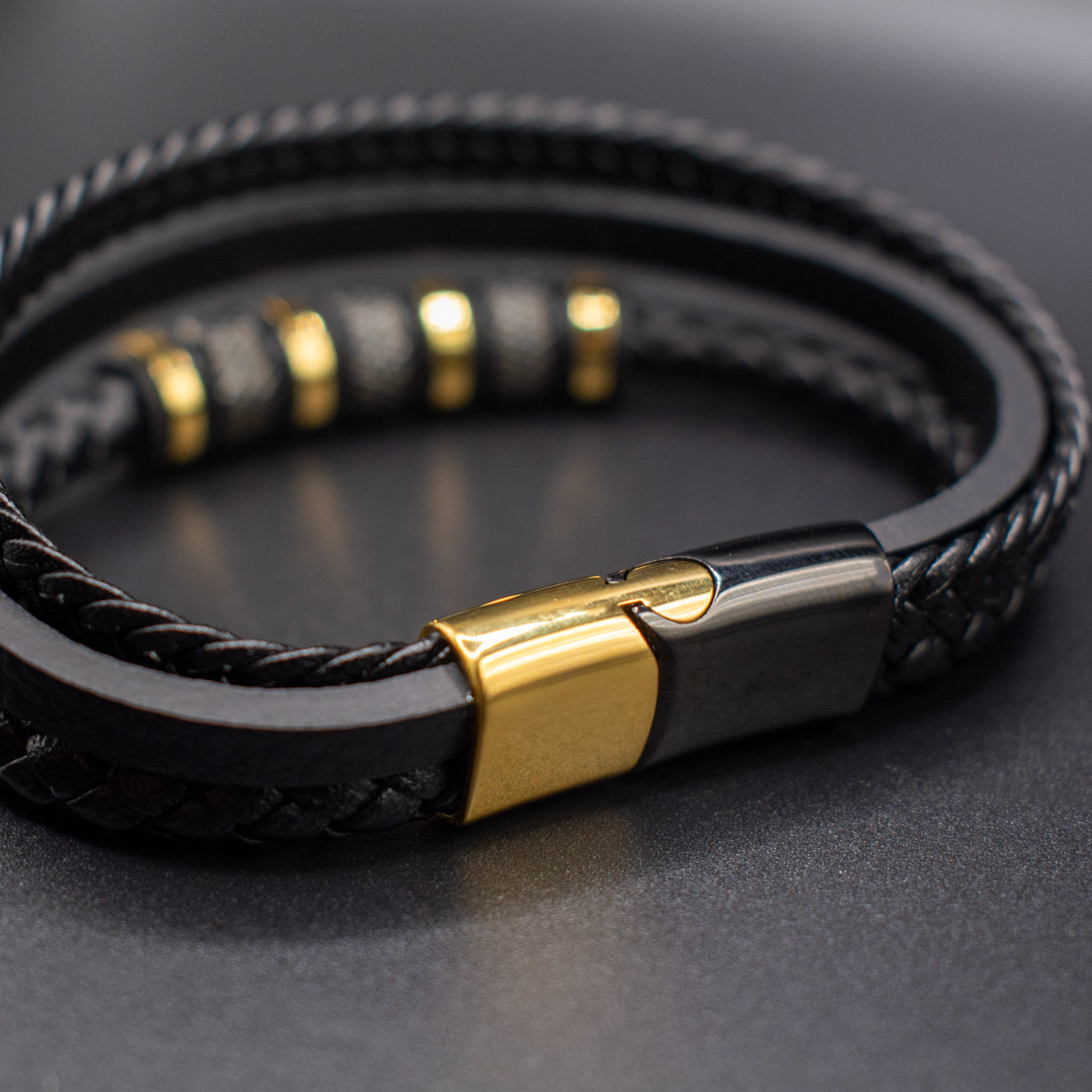 Titanium Steel Layered Men’s Bracelet – Geometric Leather Design
