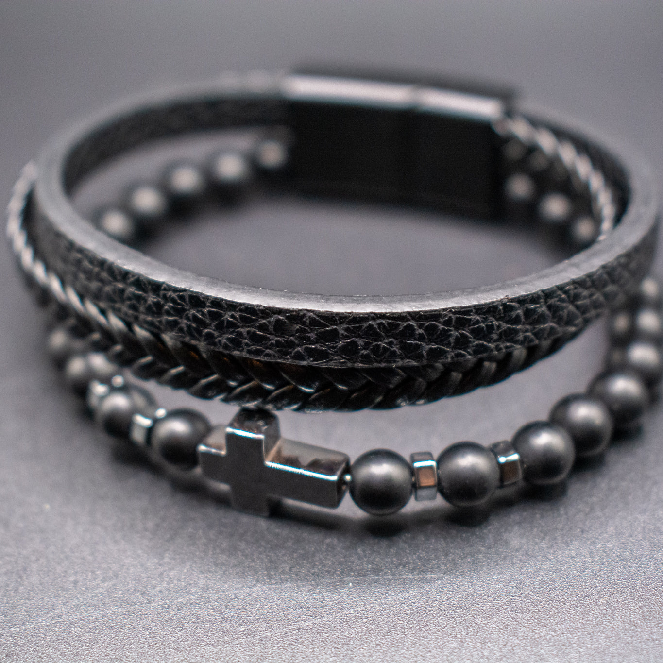 Cross Hematite Leather Stack Bracelet – Natural Stone Alloy Magnetic Men’s Bracelet