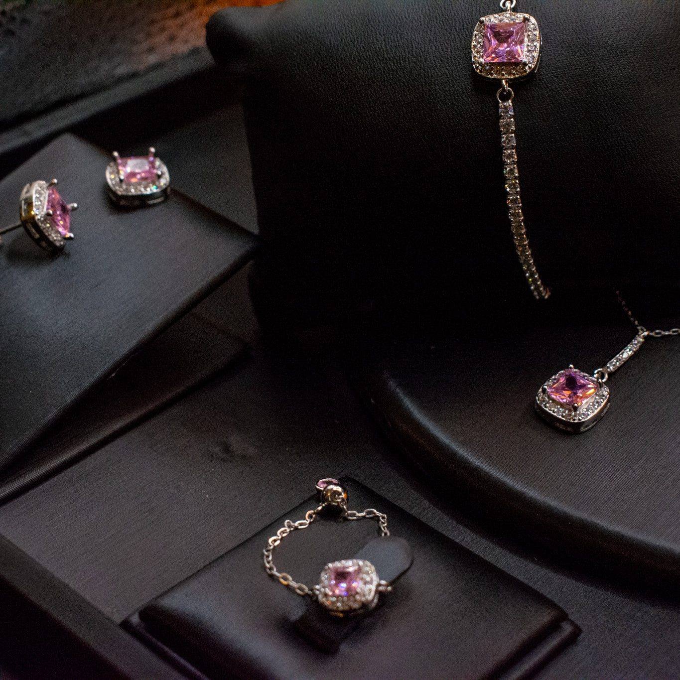 S925 Pink Sterling Silver Jewelry Set – Necklace, Earrings, Bracelet & Ring