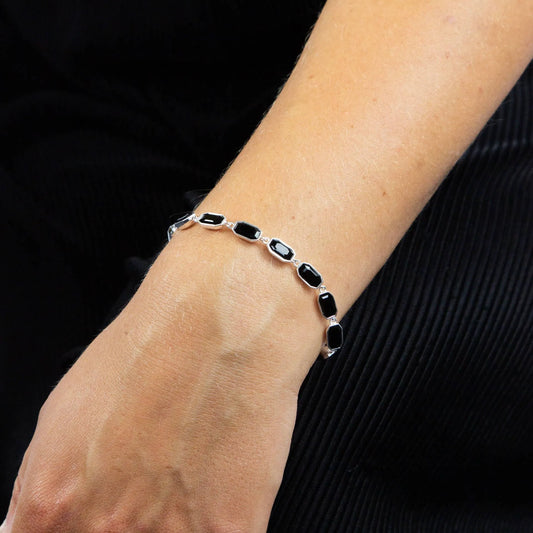 Imperial Cut Jet Coloured Crystal Tennis Bracelet-B5262B- Worn on a hand by a male model