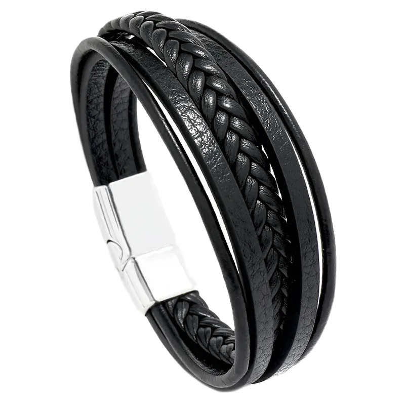 PU Leather bracelet black with magnet buckle silver