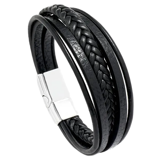PU Leather bracelet black with magnet buckle silver