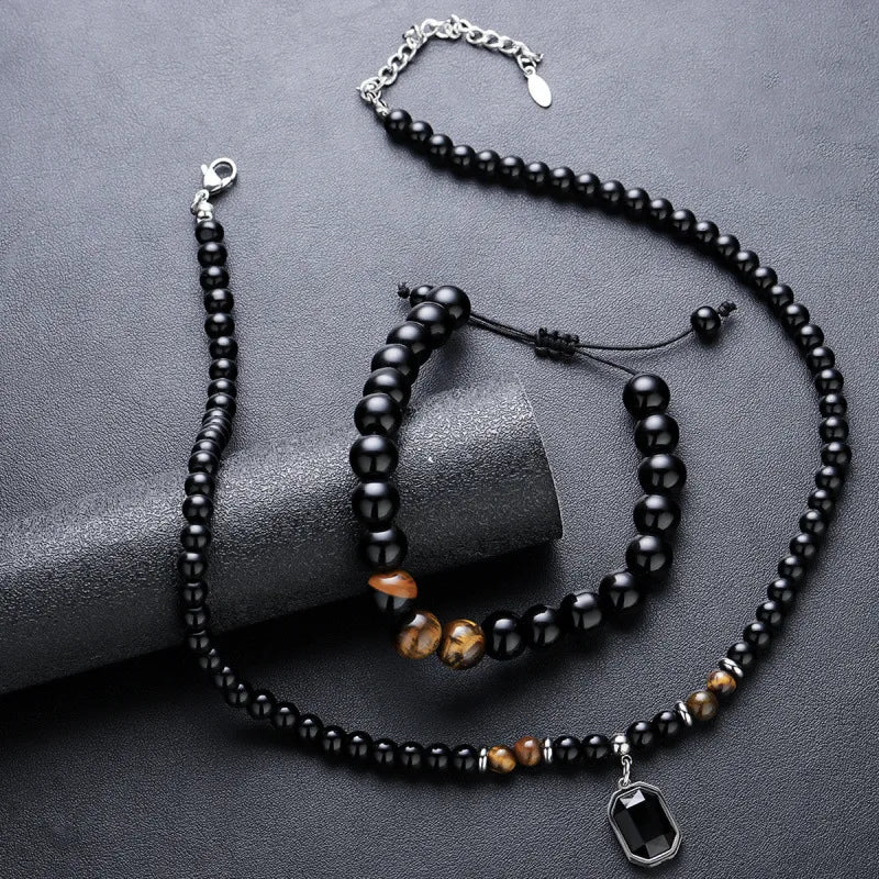 Natural Stone Beaded Necklace & Bracelet Set – Obsidian & Tiger Eye