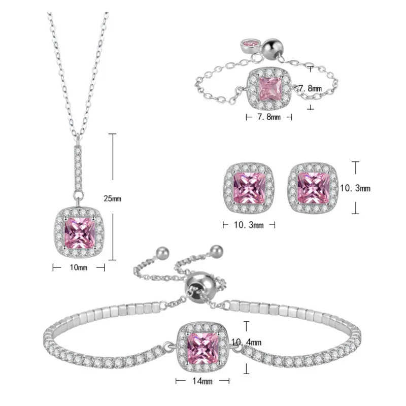 S925 Pink Sterling Silver Jewelry Set – Necklace, Earrings, Bracelet & Ring