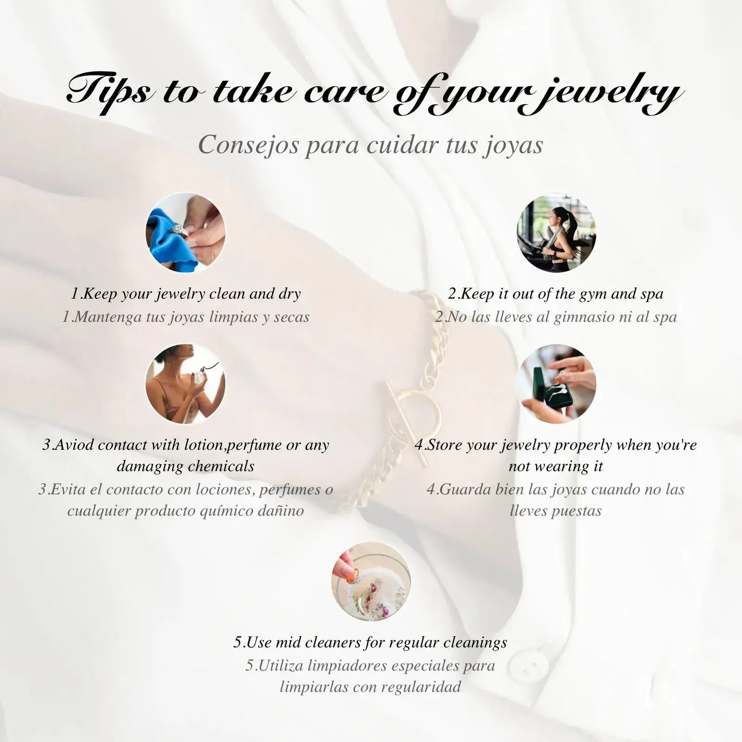 Tips to take care of your jewellery:
-Keep your jewellery clean and dry
-Keep it out of the gym and spa
-Avoid contact with lotion, perfume, or any damaging chemicals.
-store your jewellery properly when you're not wearing it
-use mid cleaners for regular cleanings