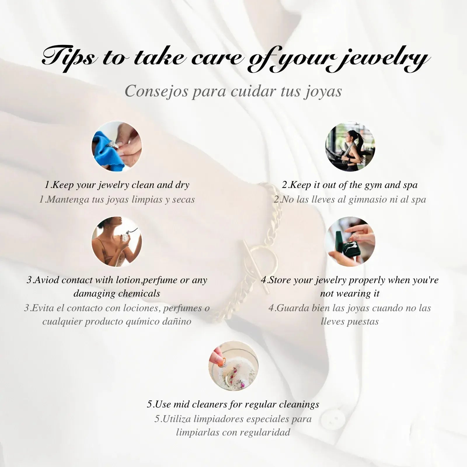 Tips to take care of your jewellery:
-Keep your jewellery clean and dry
-Keep it out of the gym and spa
-Avoid contact with lotion, perfume, or any damaging chemicals.
-store your jewellery properly when you're not wearing it
-use mid cleaners for regular cleanings