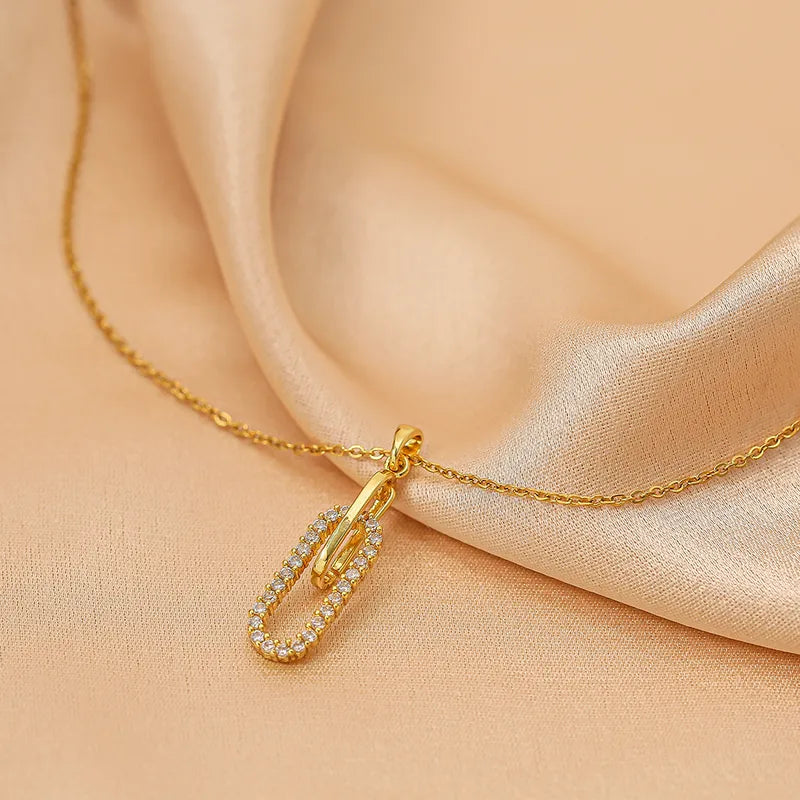 Paperclip Necklace – Titanium Steel 18K Gold Plated Oval Zircon Pendant