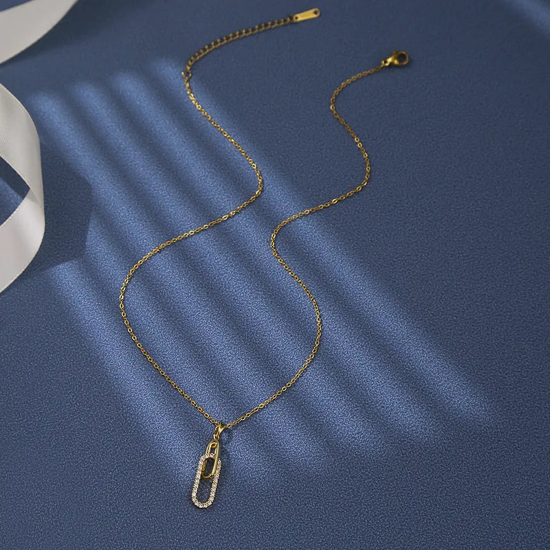 Paperclip Necklace – Titanium Steel 18K Gold Plated Oval Zircon Pendant