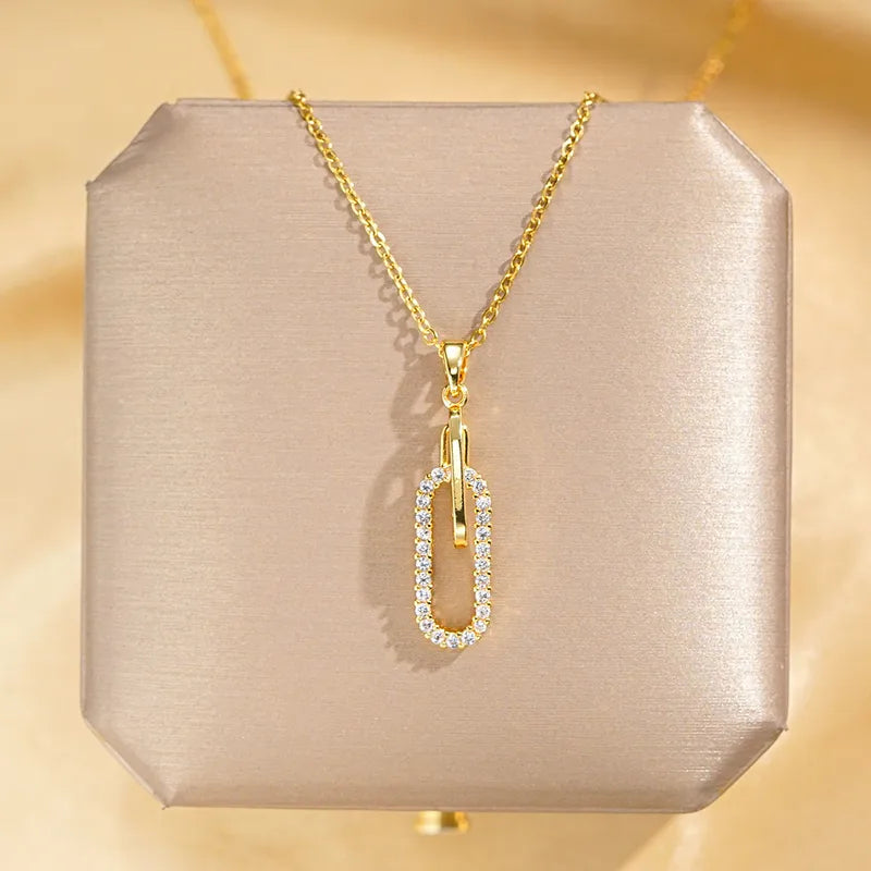 Paperclip Necklace – Titanium Steel 18K Gold Plated Oval Zircon Pendant