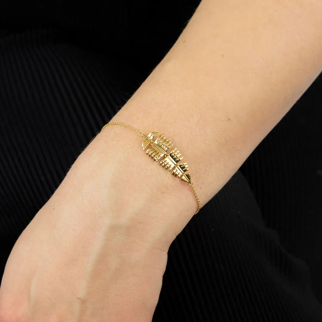 Yellow Gold Plated Palm Leaf Sterling Silver Bracelet-B5334- Worn on wrist by a model