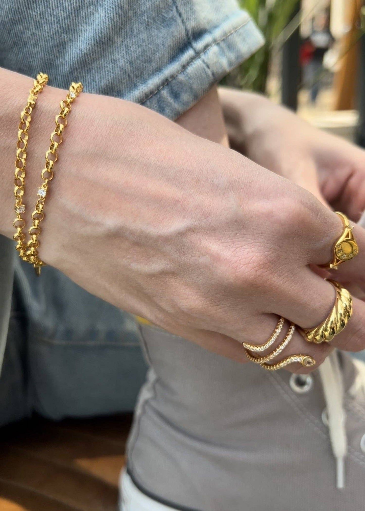 Chicago T-BAR Belcher Rolo Chain 18ct Gold Vermeil Bracelet with Zirconia