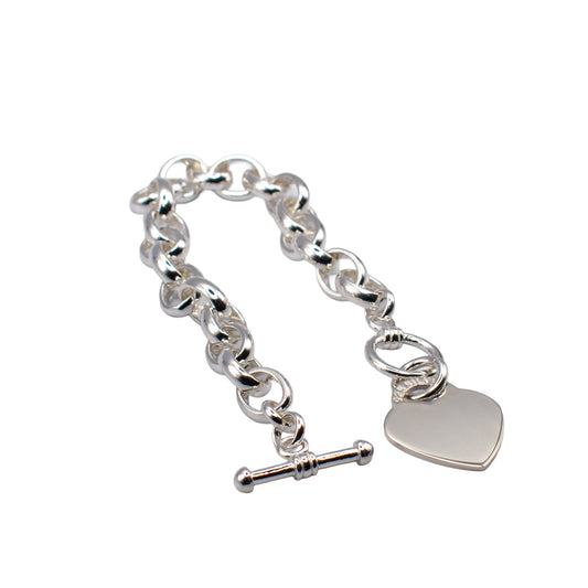 Silver bracelet with a heart-shaped tag on a white background