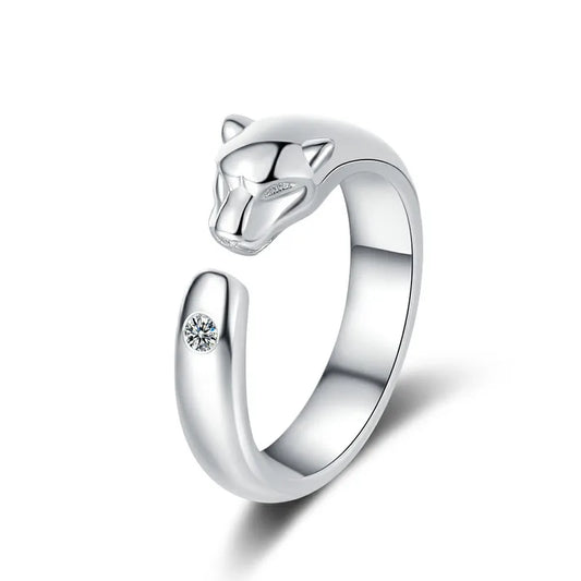 Sterling Silver Panther Adjustable Ring with Zircon