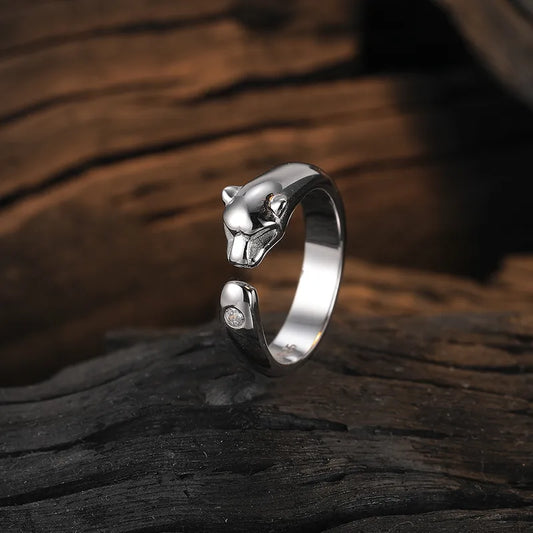 Sterling Silver Panther Adjustable Ring with Zircon