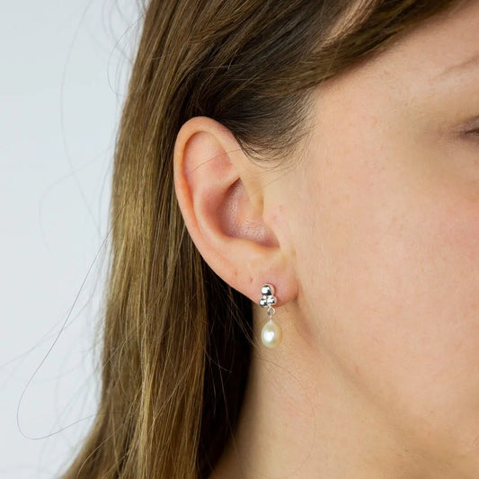 Freshwater Pearl Bubble Drop Earrings - E6091W - worn on ear by a female model