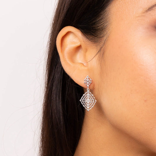 Geometrical Lace Textured Drop Earrings-E6414 - sterling silver- worn by a model close up photo on ear