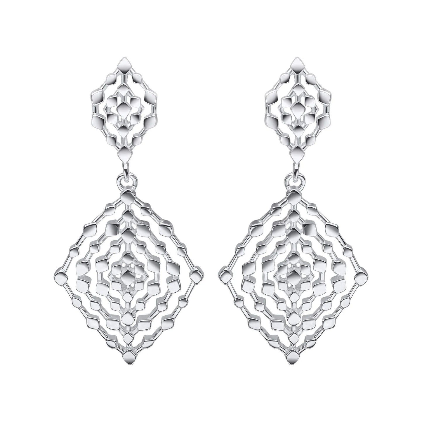 Geometrical Lace Textured Drop Earrings-E6414 - sterling silver- on a white background