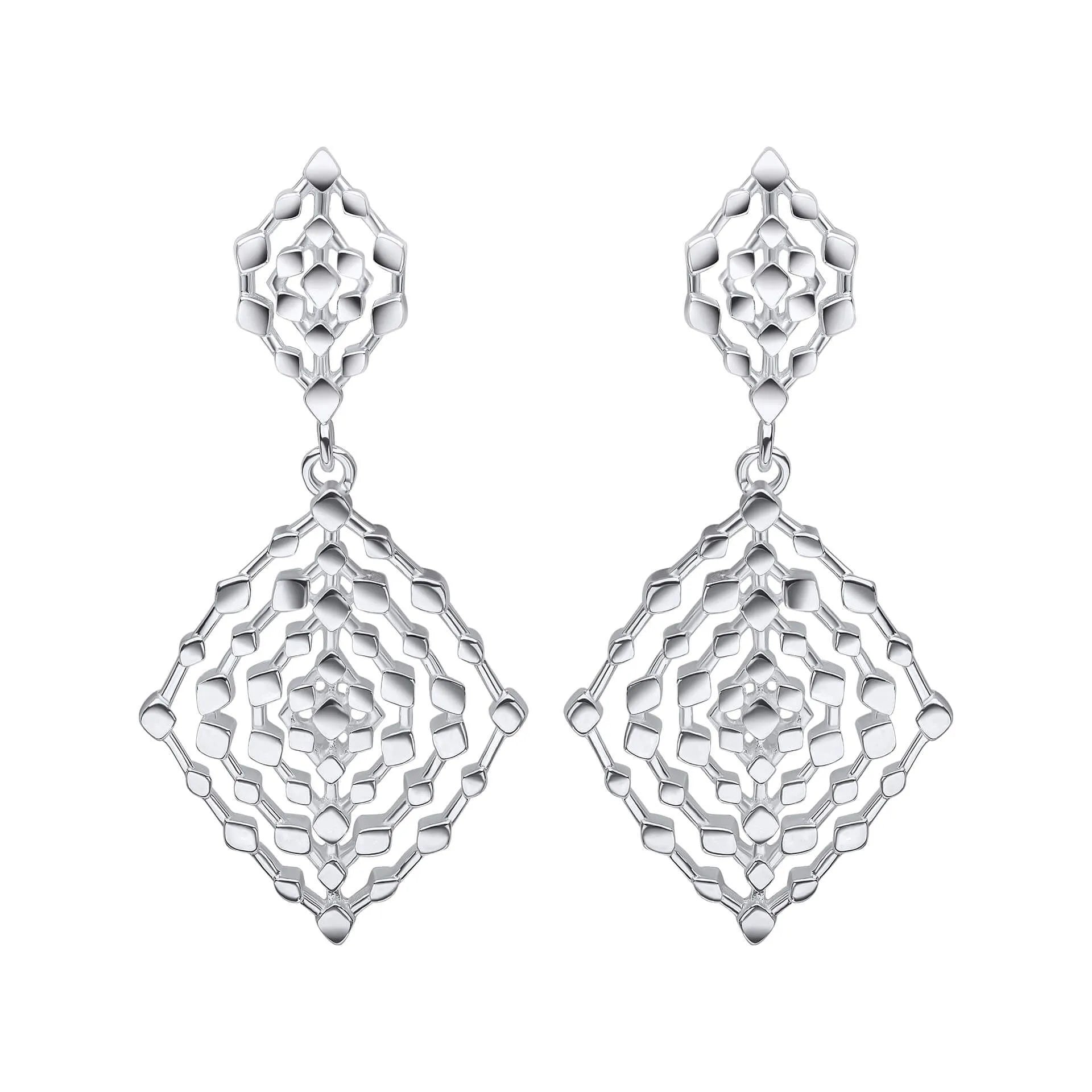 Geometrical Lace Textured Drop Earrings-E6414 - sterling silver- on a white background