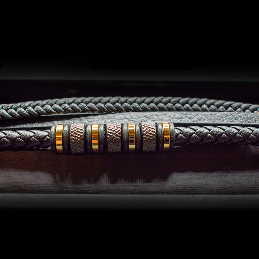Titanium Steel Layered Men’s Bracelet – Geometric Leather Design