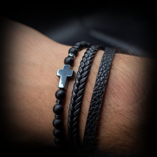 Cross Hematite Leather Stack Bracelet – Natural Stone Alloy Magnetic Men’s Bracelet